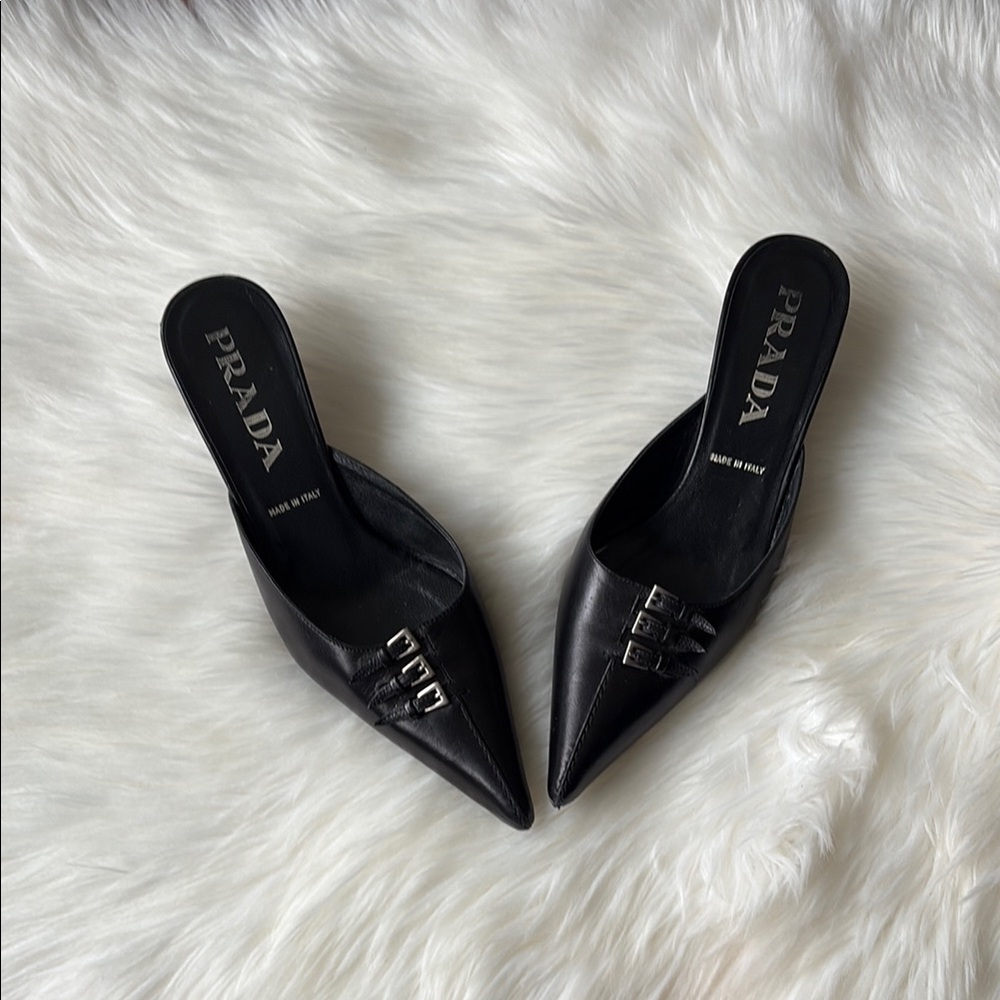 Prada Black Leather Kitten Mule Heels Shoes EU 35.5/US 5